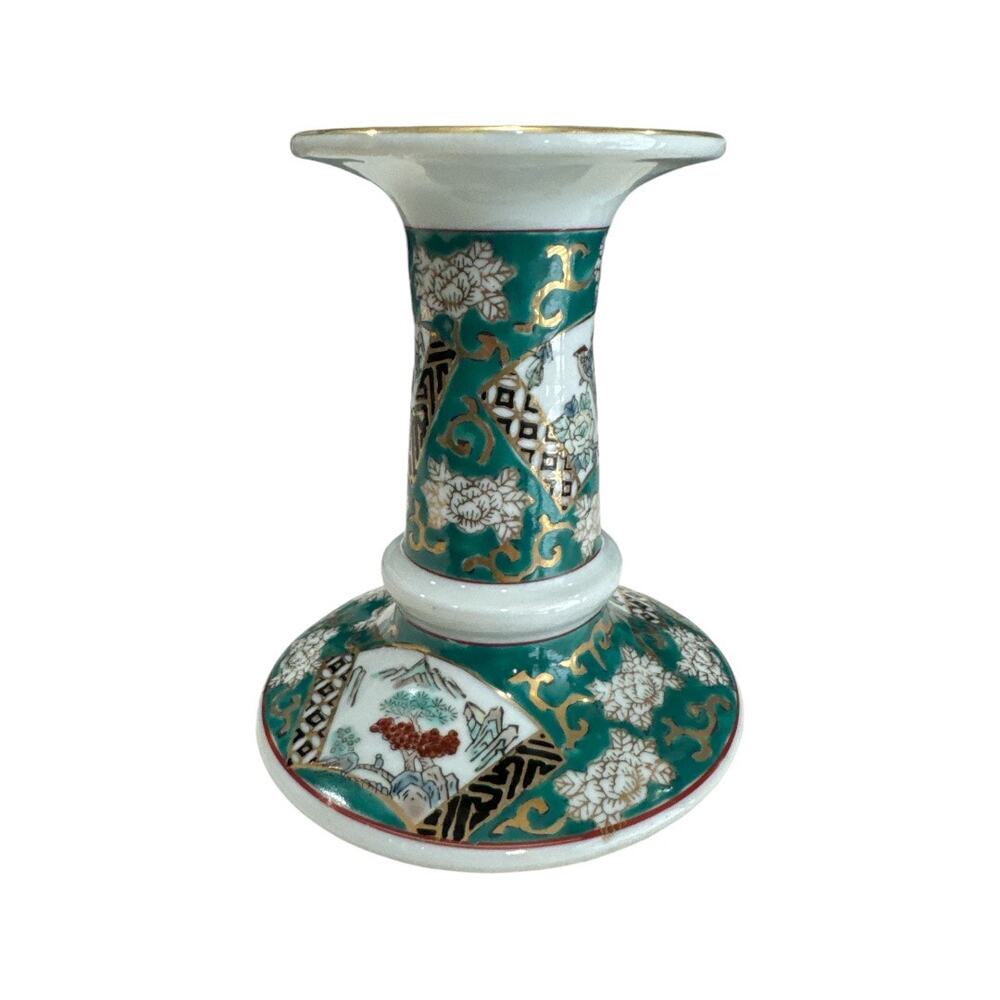 Hand Painted Gold Imari 4.5” Tall Green Candle Holder